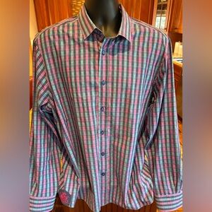 COOGI Luxe Men's Vibrant Plaid Button Down Shirt. Sharp plaid with contrast cuff